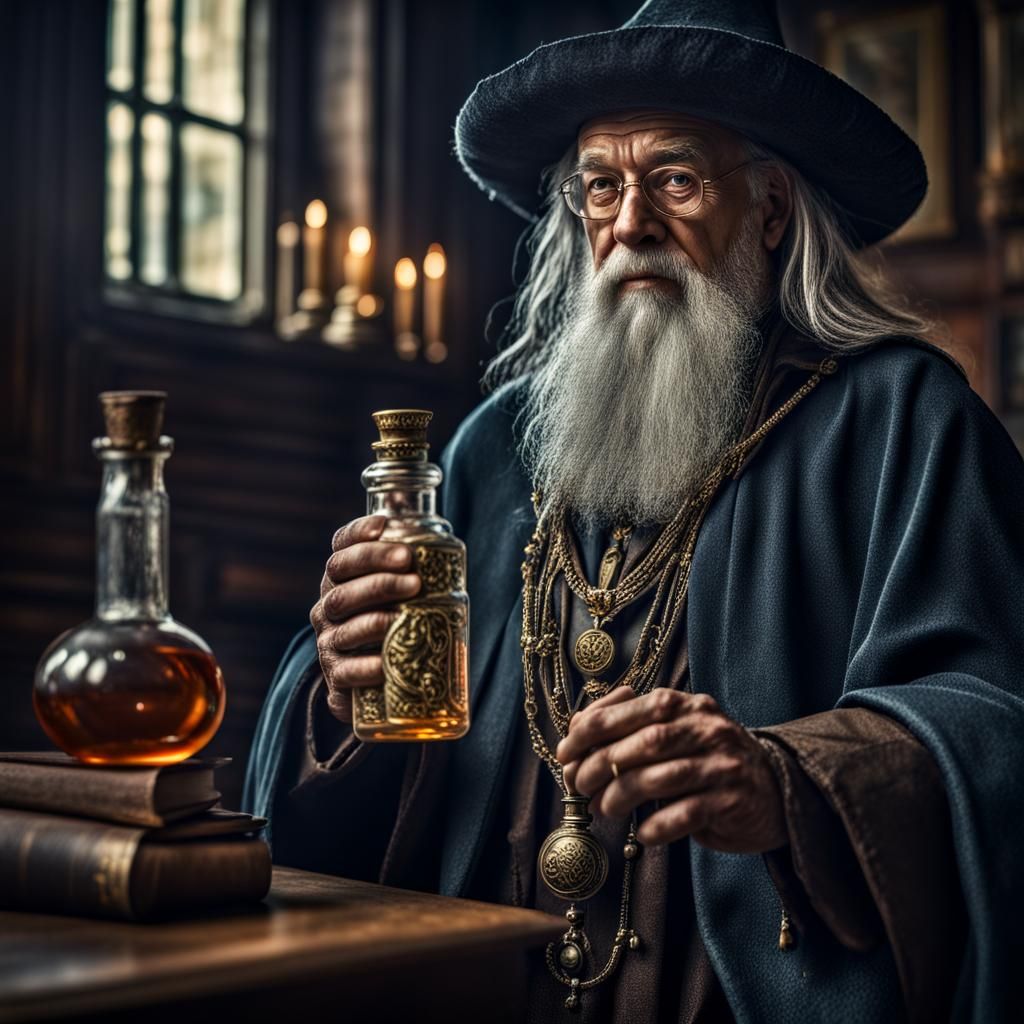 Scholarly wizard, wearing small bottle necklace, noble