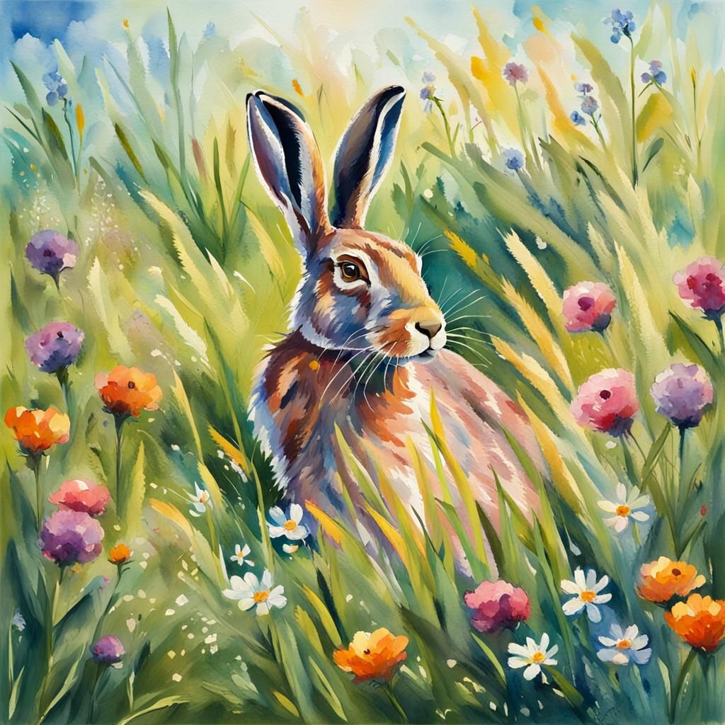 Hare in Spring Meadow Gouache Painting