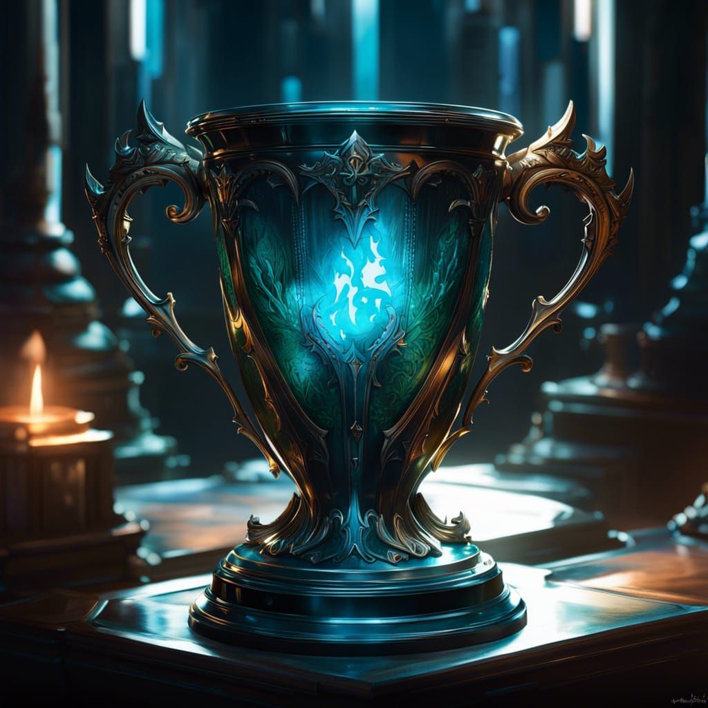 the Triwizard Cup Trophy, bioluminescent, soft lighting, sharp focus ...