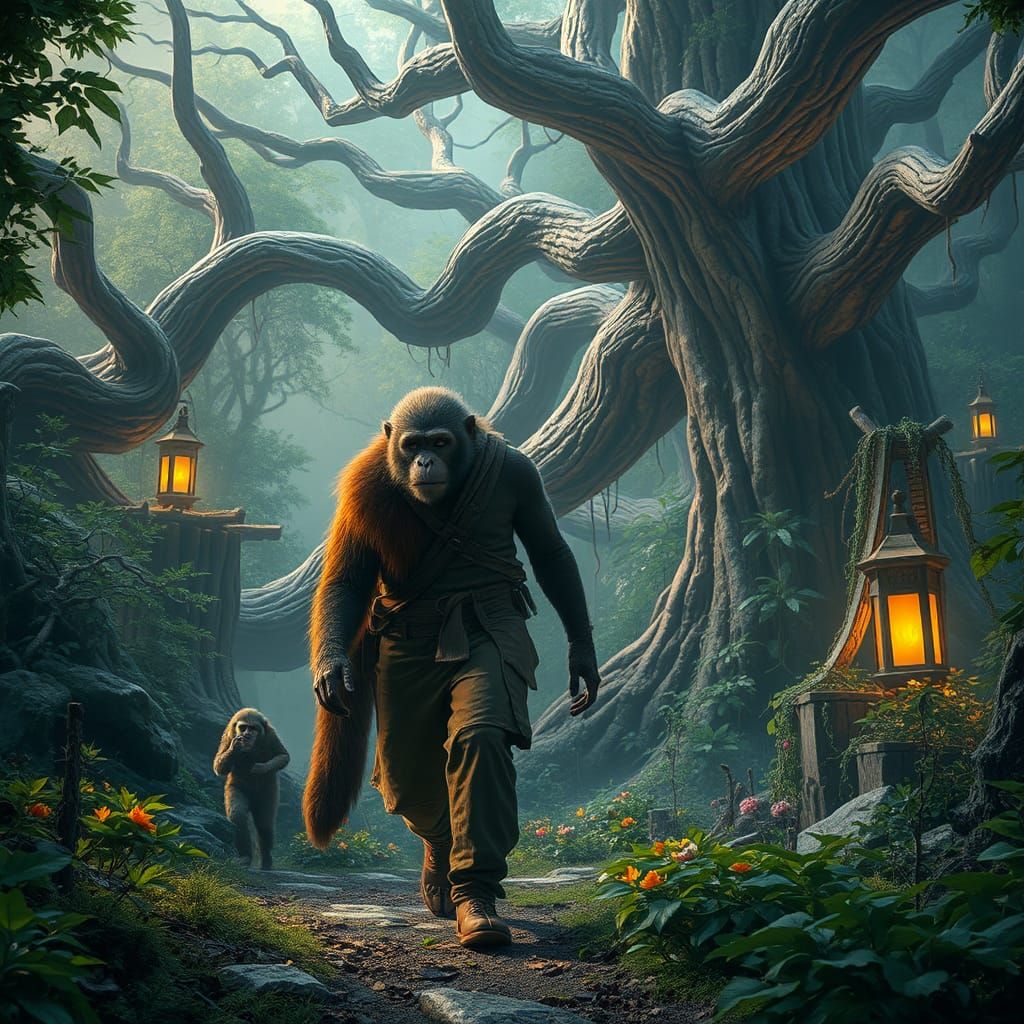 Primate Follows Human in Mystical Realm, Digital Art