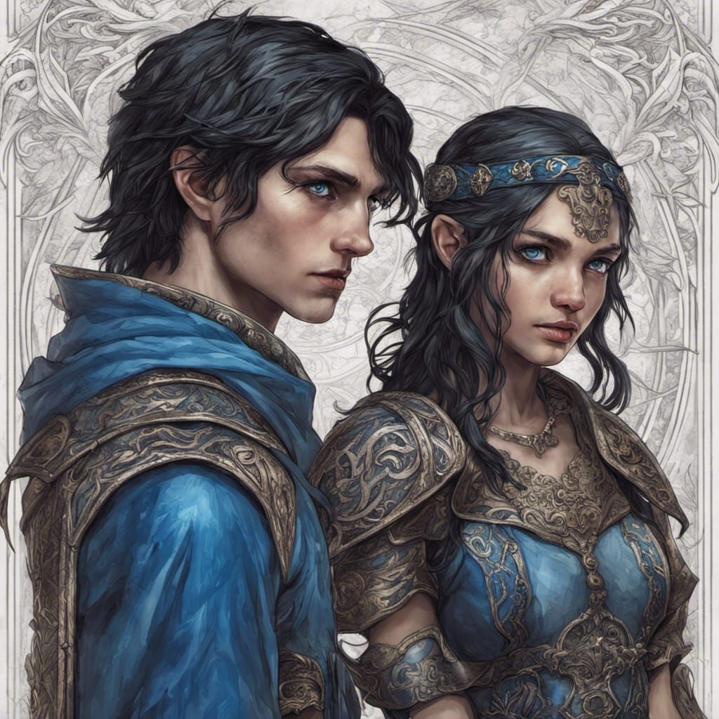 Half-elf boy and girl with black hair and blue eyes wearing ...