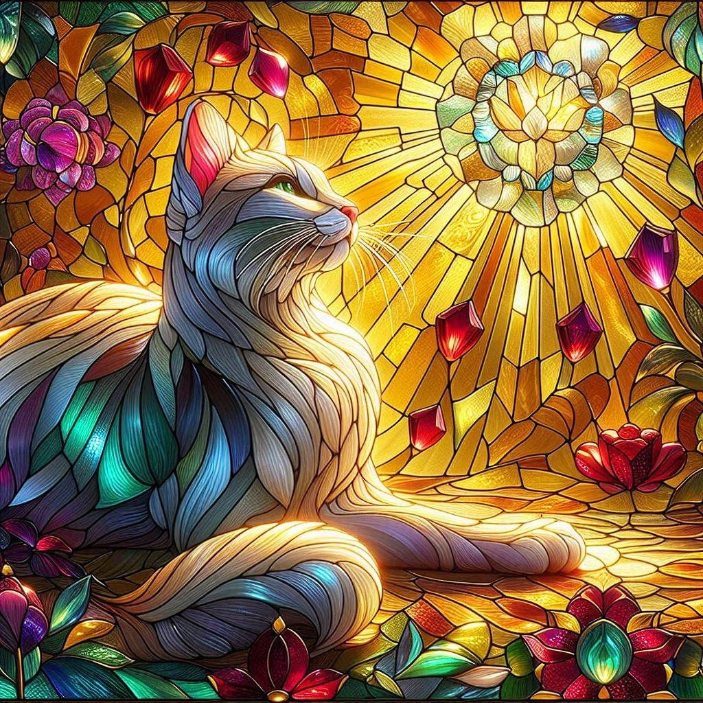 Sunlit Stained Glass of A Cat Basking in Sunlight