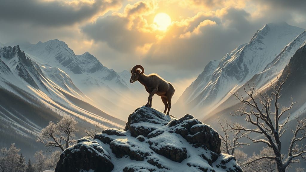 Majestic, snow-shrouded valley unfolding like a canvas of contrasts, with rugged, snow-capped mountains rising like titans on either side, t...