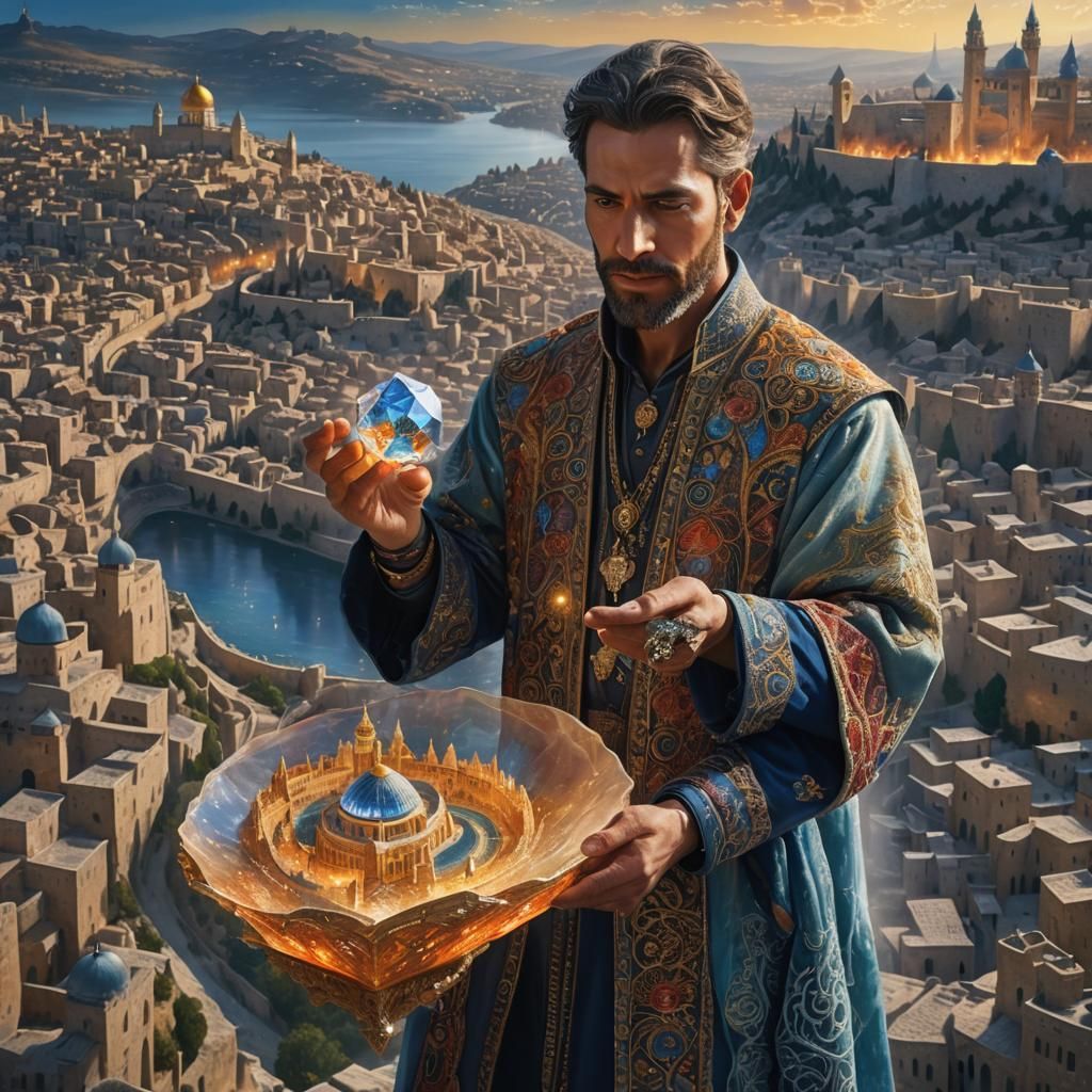 Man Holding Jerusalem Model in Digital Art Style