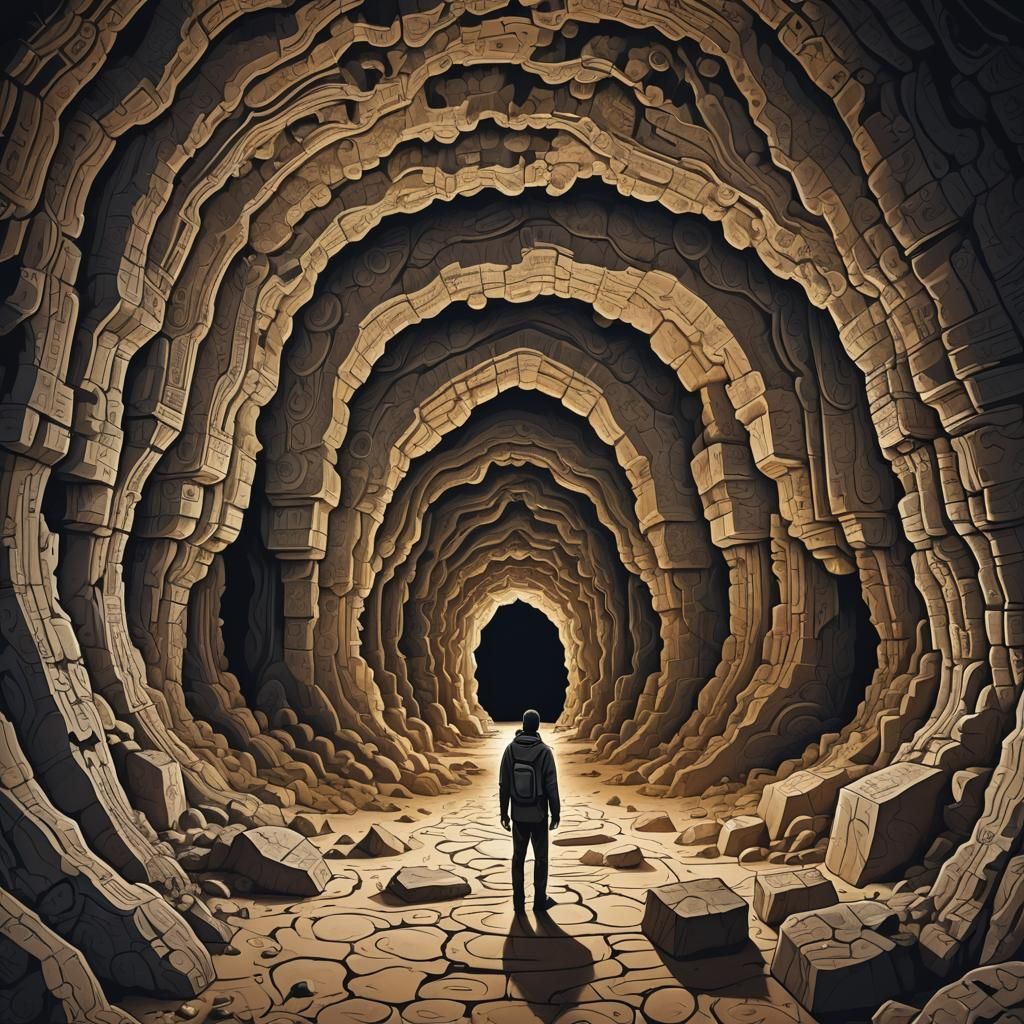 a alone man inside an ancient cave watching a Antikythera ar...