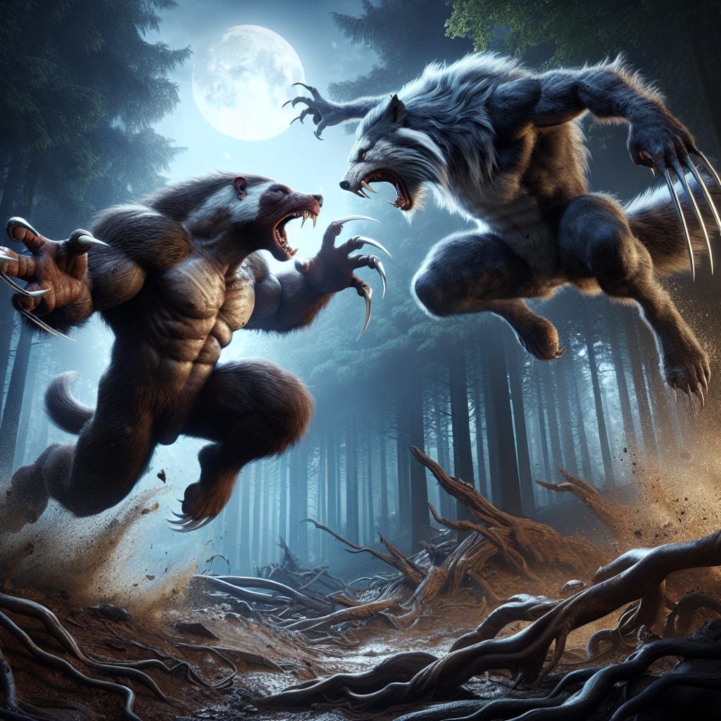Mortal Enemies - Werebadger versus Werebobcat  by @AlsoEddy