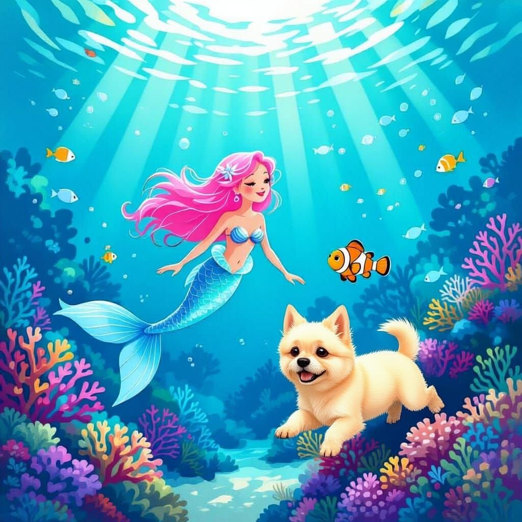 a mermaid swimming in a colorful ocean with nemo and a sea turtle