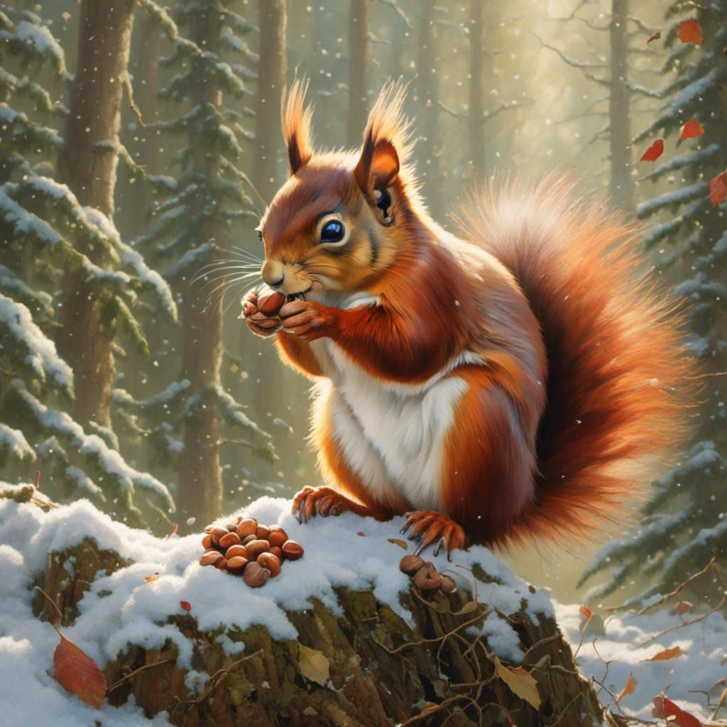 A <lora:Flighty:1.1> red squirrel gathers nuts for winter