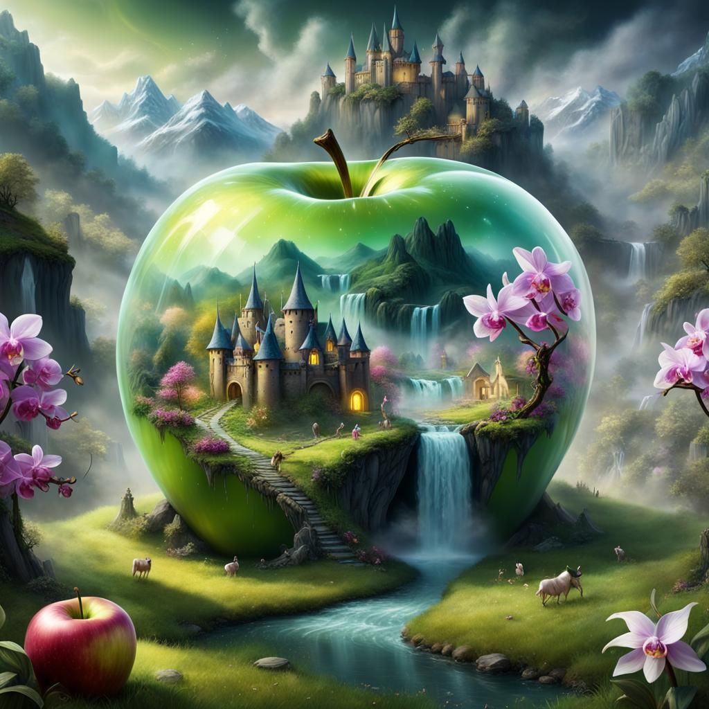 Against dark background Inside a translucent apple A beautiful fairyland village with old castles, waterfall, ...  by @Mindful THE KB