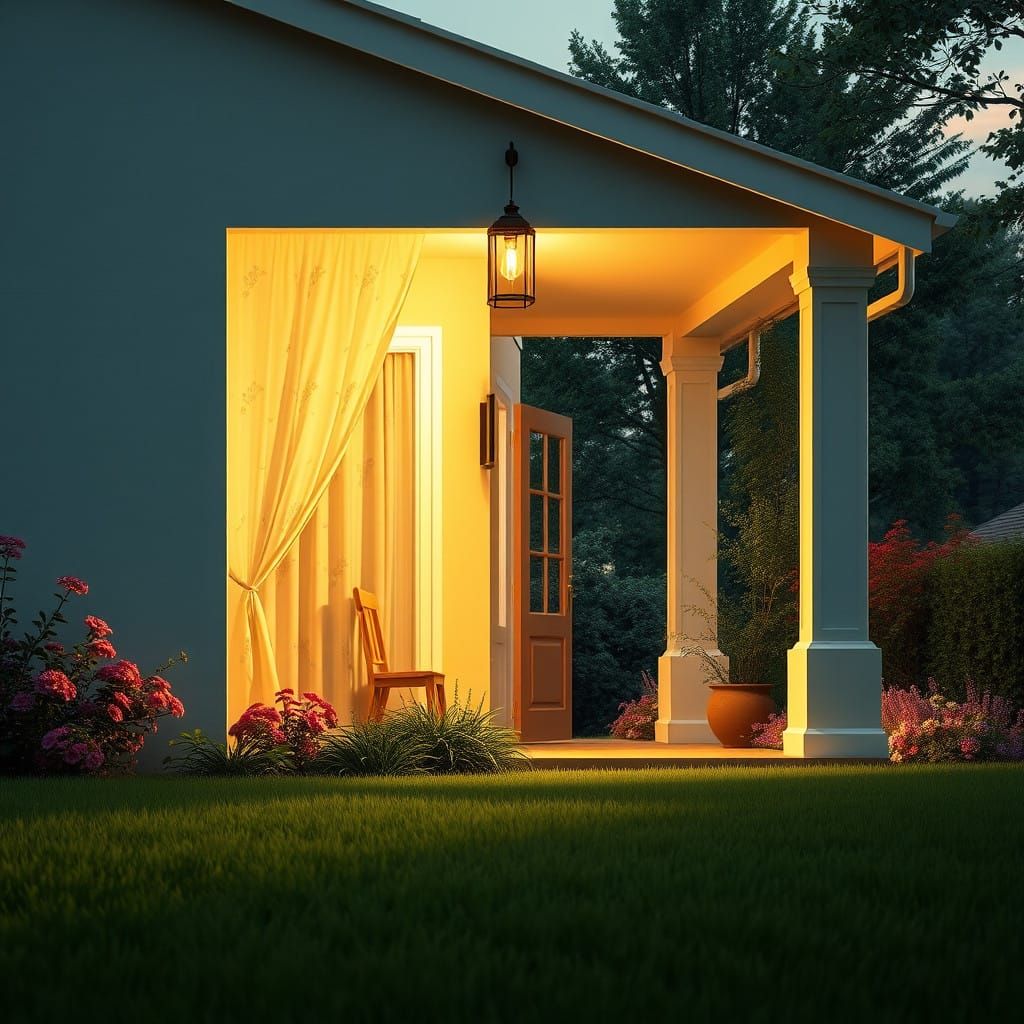 A nice but not too fancy house  being looked upon from across the lawn. The windows have the  curtains drawn with a little light seeping out...