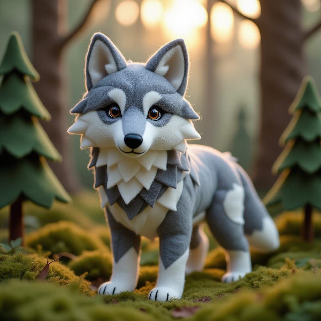 Felt Wolf in Forest Clearing: Textile Art
