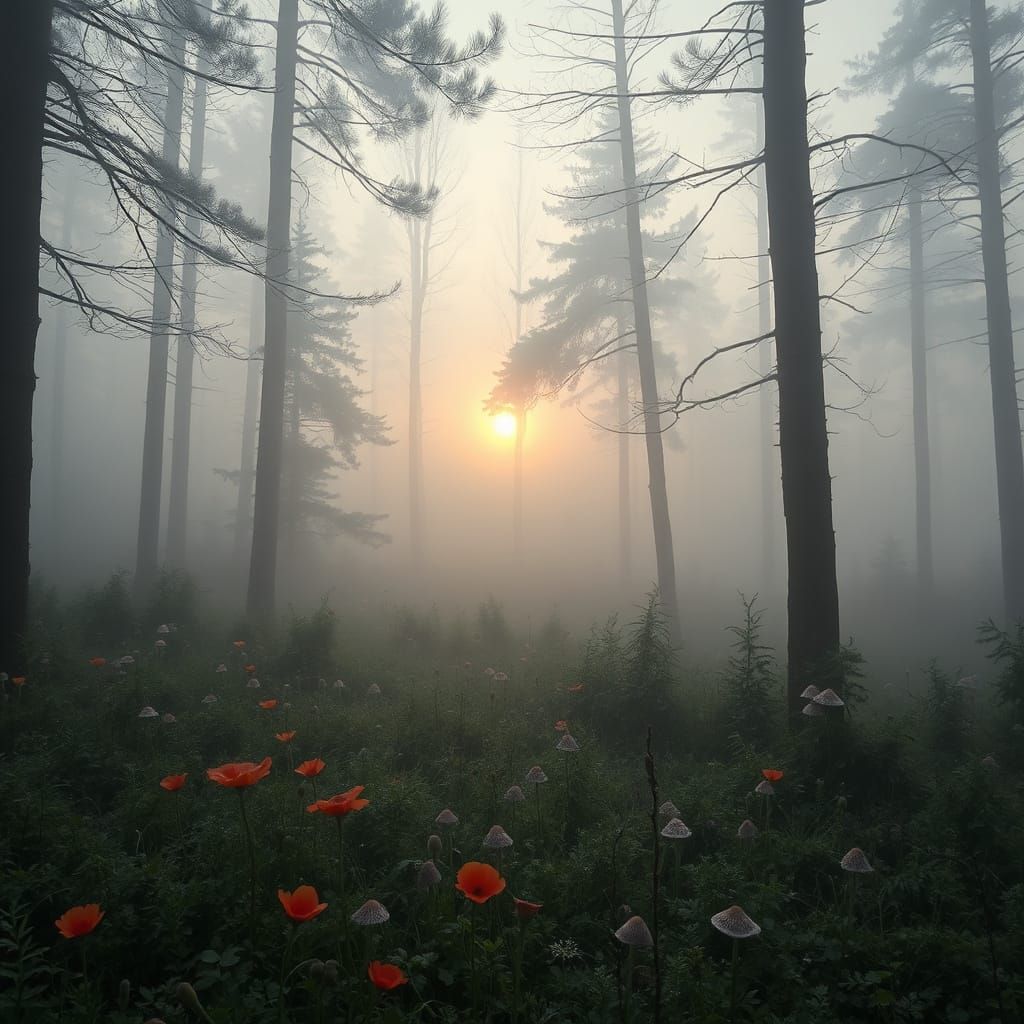 foggy forest full of mushrooms and poppies   by @Victoria G