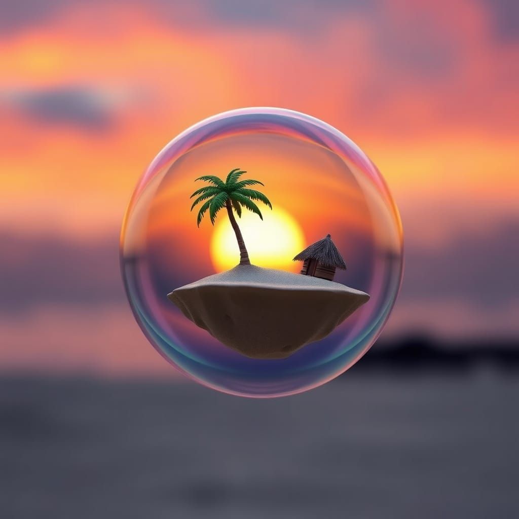 Miniature Island in a Bubble Reflecting Sunset