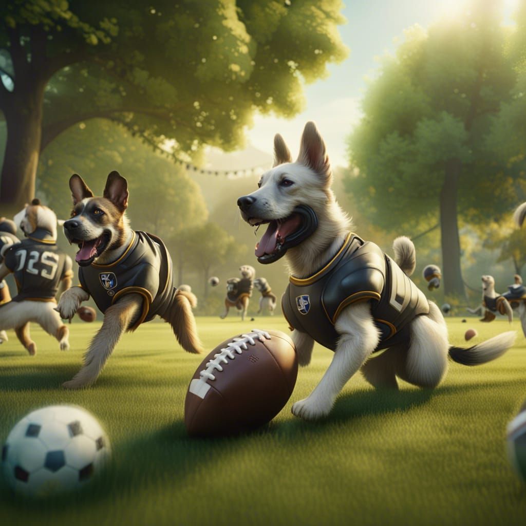 Dogs in football gear playing football in a park