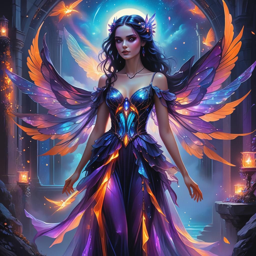 Gothic Fantasy Girl with Glass Wings in Synthwave Style