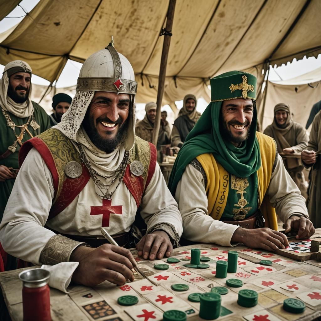 A templar knight play a table game against an islamic warrior  by @Cesare