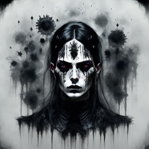 <lora:Black nightmare:1.0> Metalhead woman portrait, black splashy shapes, nightmare, detailed and intricate, open clear eyes, head and shou...