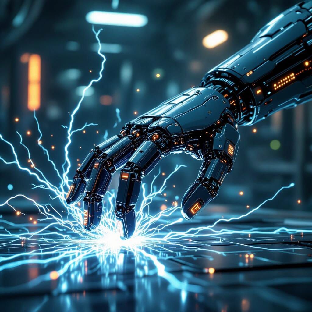Electrifying Robot Hand in Dark Cyberpunk Lab