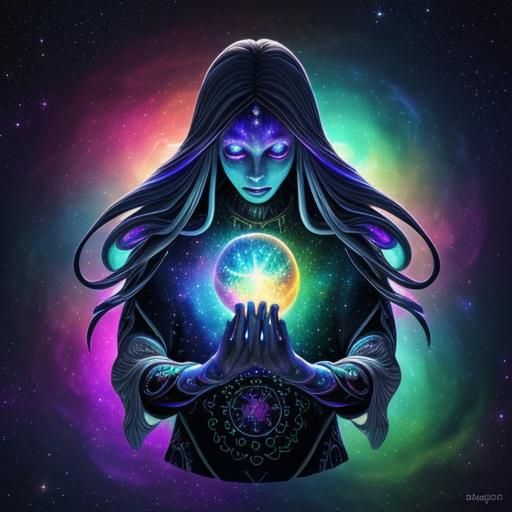 Astral Shaman in Cosmic Dreamscape: Holographic Illustration