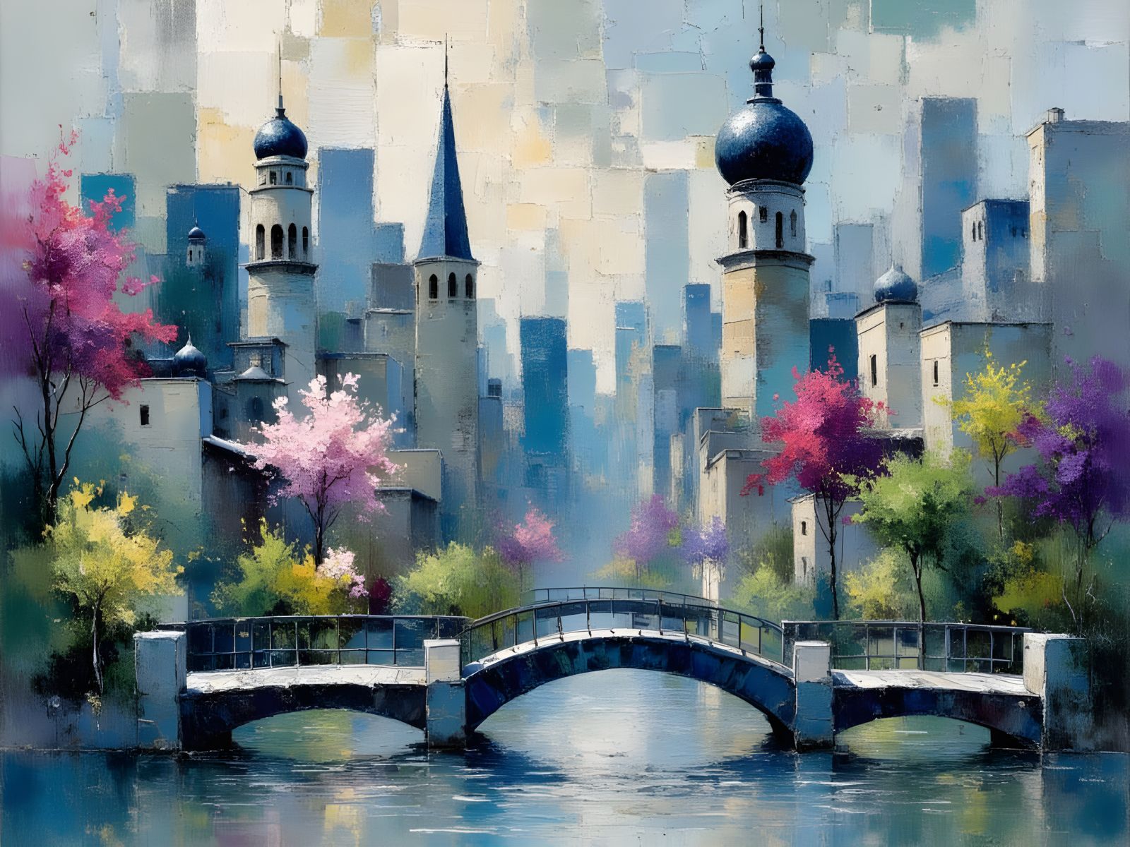 Impasto City Skyline in Green, Blue, and Purple