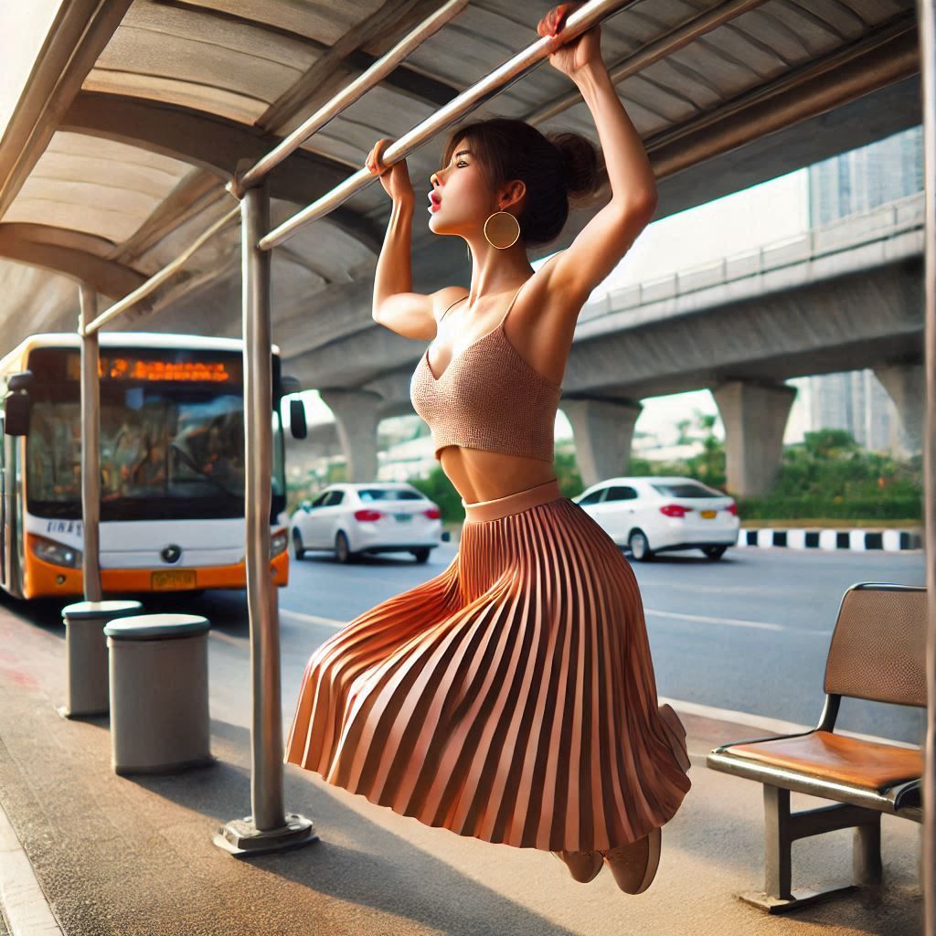 Doing pull-ups at a bus stop