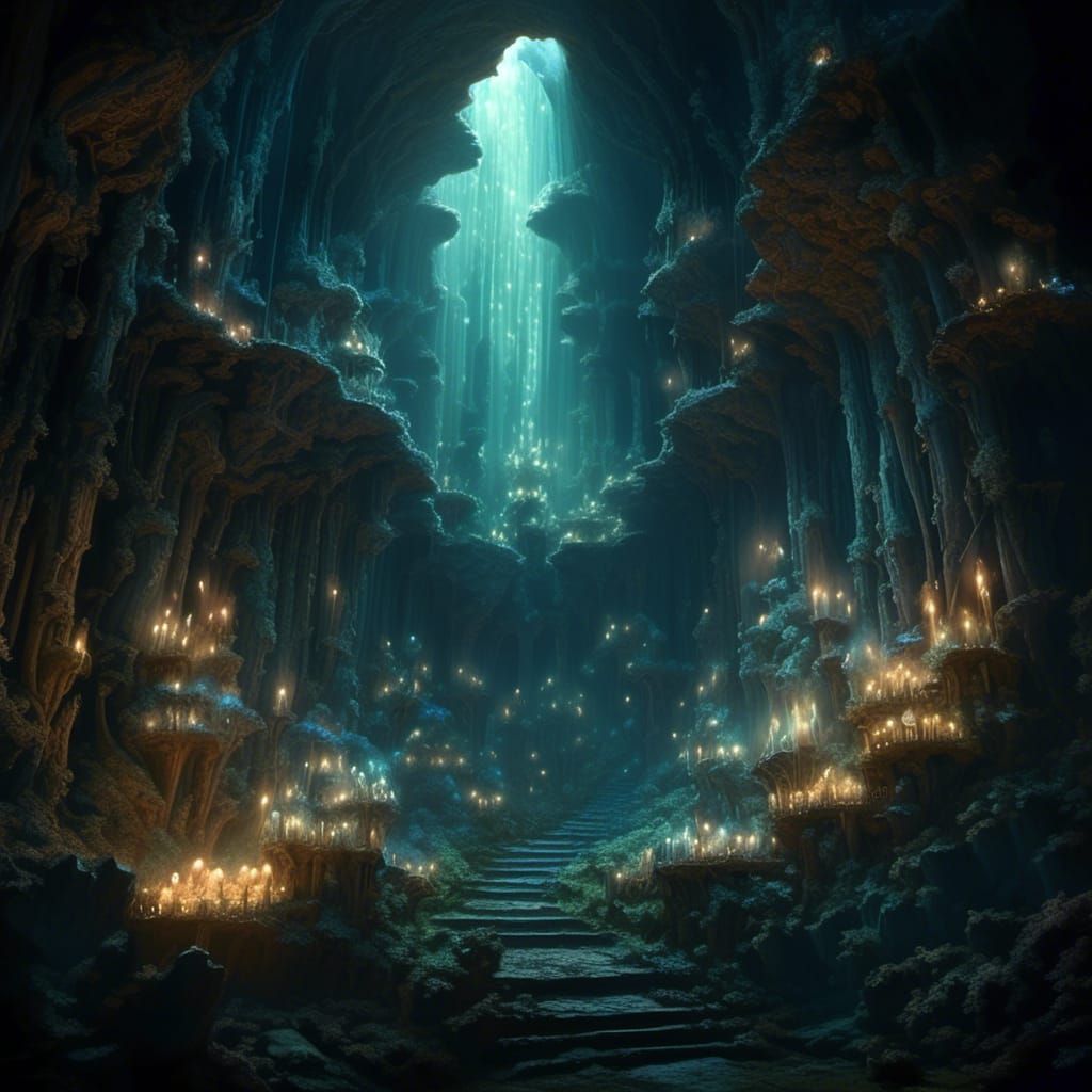 Descent into the glittering depths of the Faery Realm, tiny winged luminescent fairy creatures flying through glowing light shafts and dark...