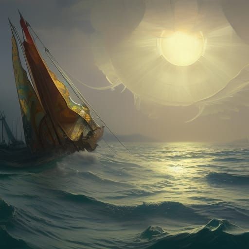 A boat with solar panels as sails ; classical oil painting ; 8k resolution concept art by Greg Rutkowski dynamic lightin…