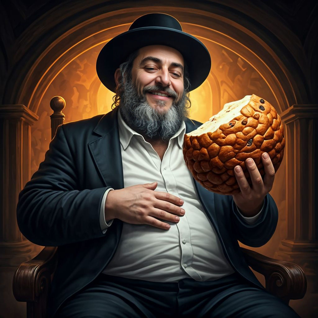 Joyful Hasidic Man Savoring Giant Kugel in Whimsical Fantasy...