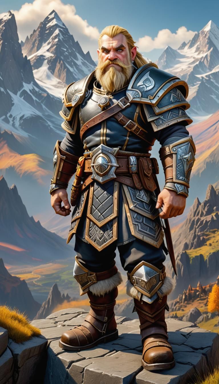 young large warcraft dwarf with short blond hair, mutton chops beardstyle, friendly, wearing intricately detailed and finely crafted heavy a...