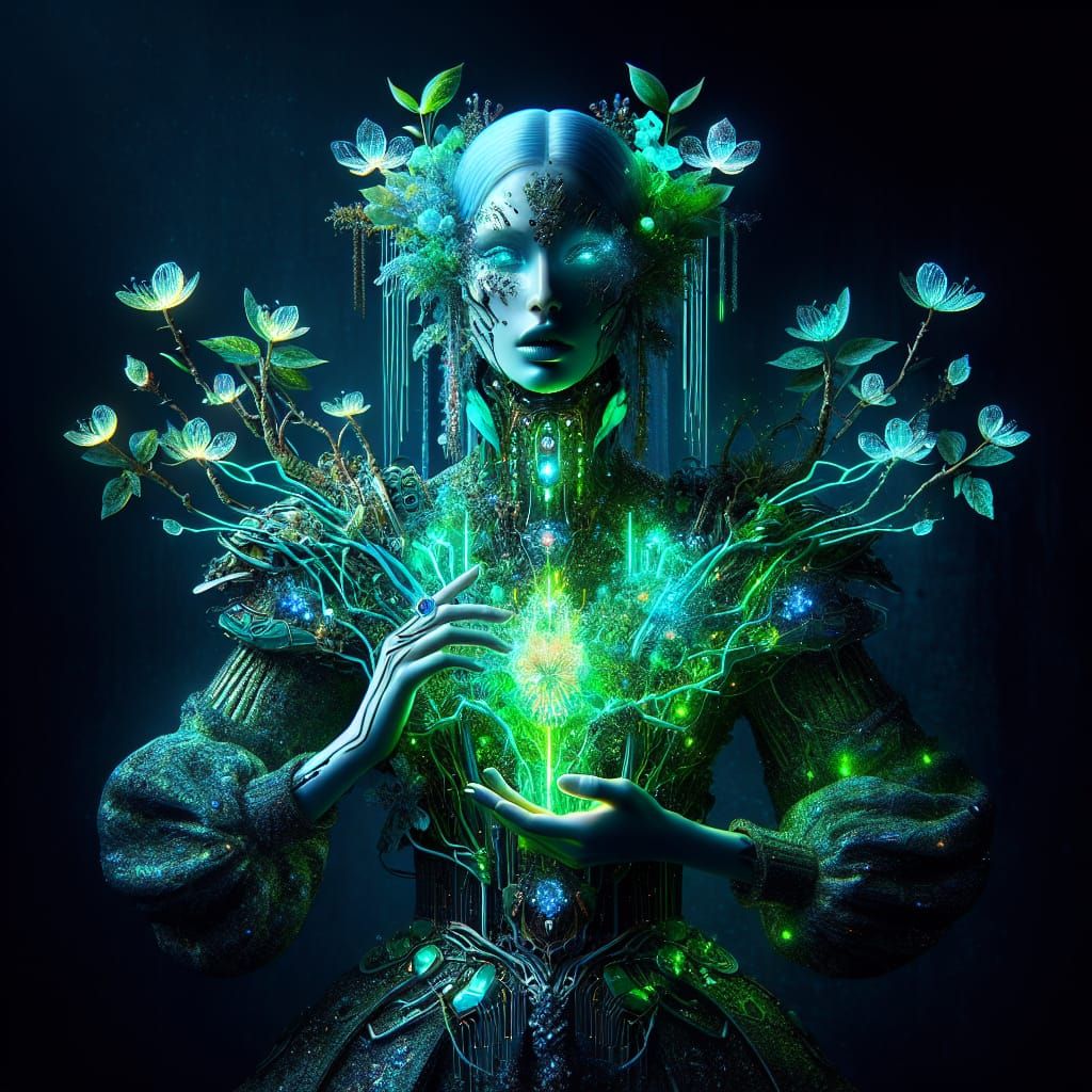Biopunk Woman: Nature and Tech Fusion