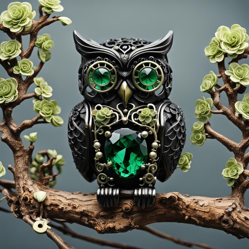 Owl on a tree, green, obsidian, crystal, stone, lace, flower...