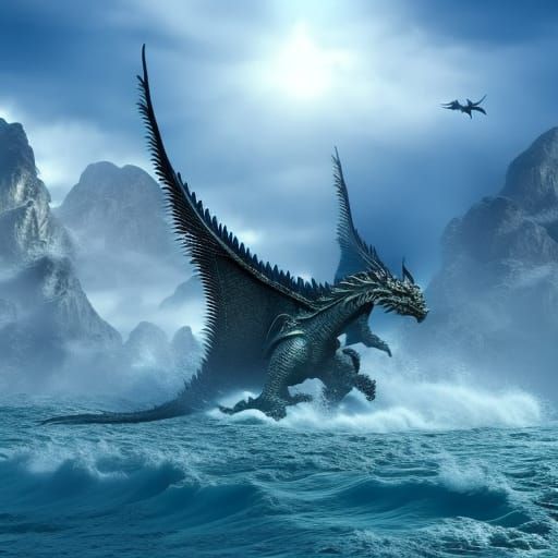 A dragon comes out of the sea splashing water, detailed enhanced scene ...