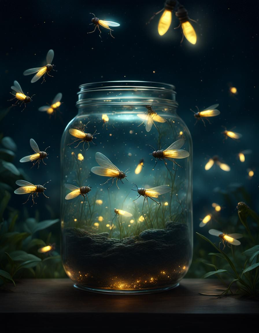 Fireflies in a jar at night  by @Kort