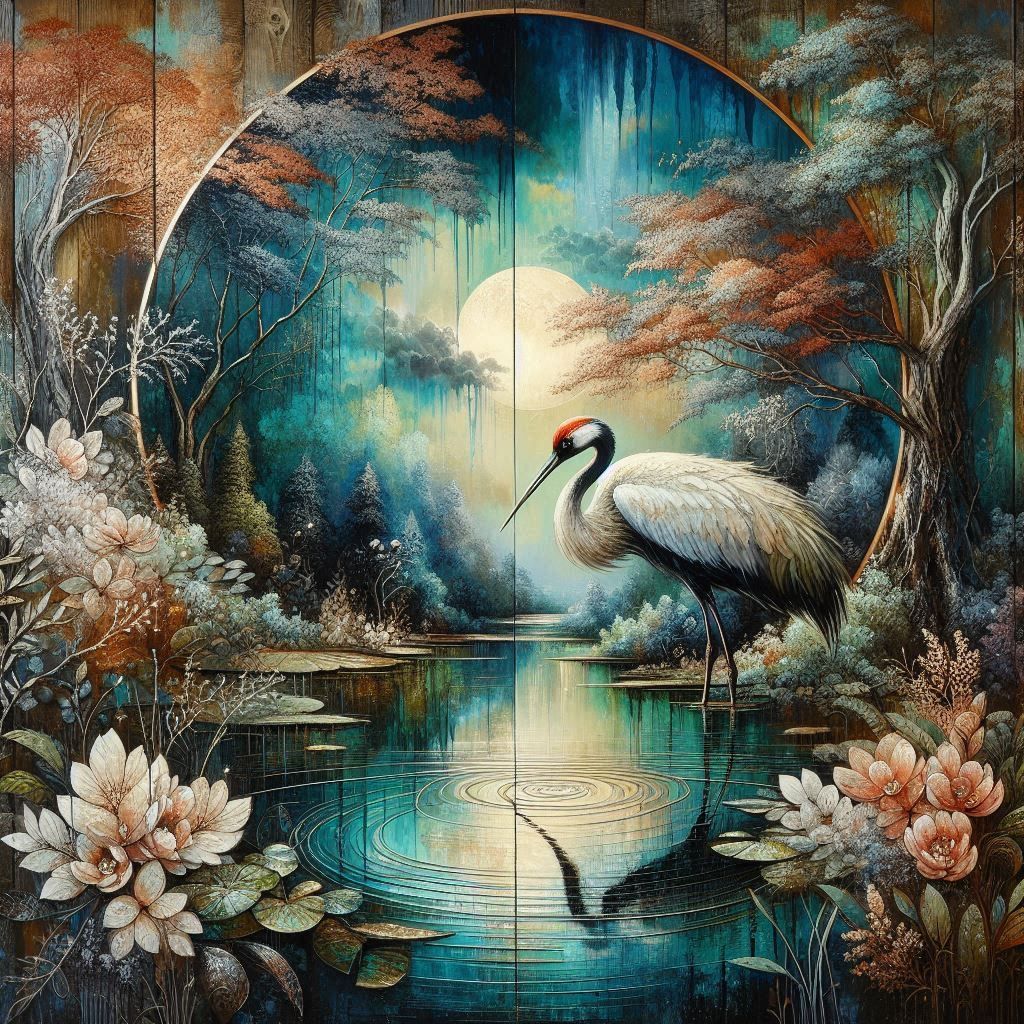 Crane in an enchanted pond