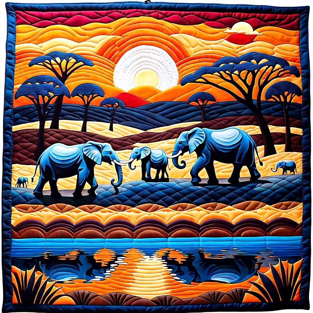 Quilted scene of elephants at the watering hole at sunset