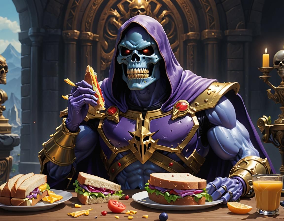 Skeletor eating a sandwich, masters of the universe, motu