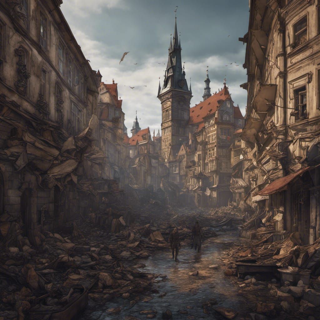Prague in shambles with Zombies - AI Generated Artwork - NightCafe Creator