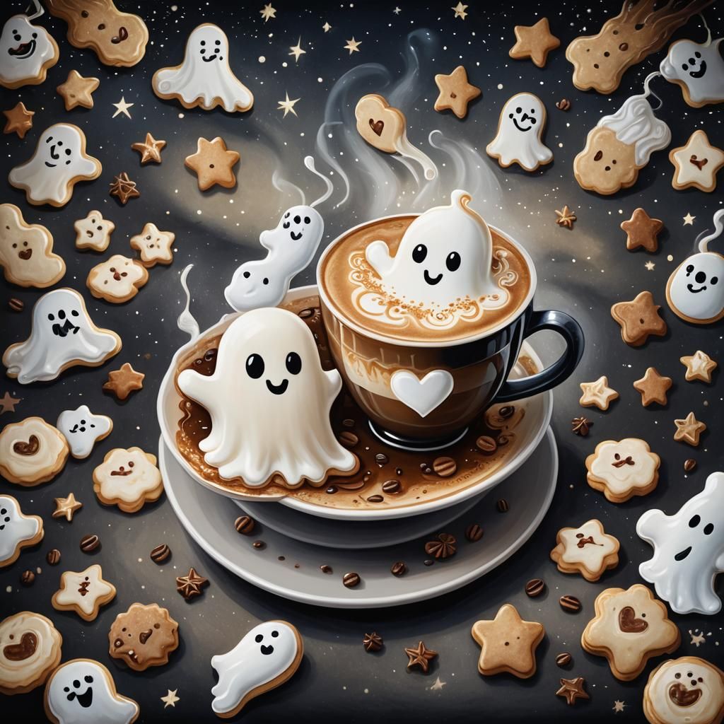 A cozy scene of a cappuccino with heart-shaped latte art, tw...
