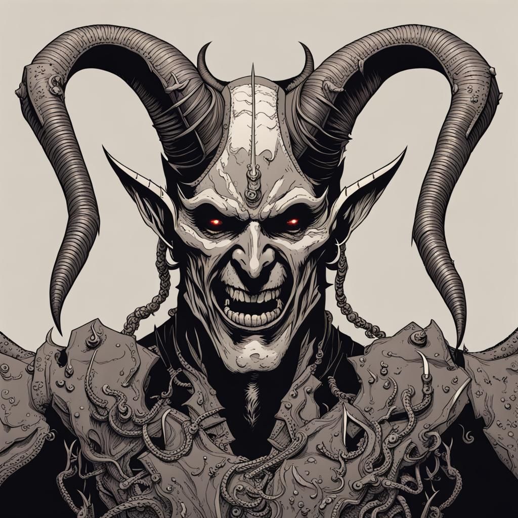 Demonic metal man with 5 horns. He has a rictus grin.