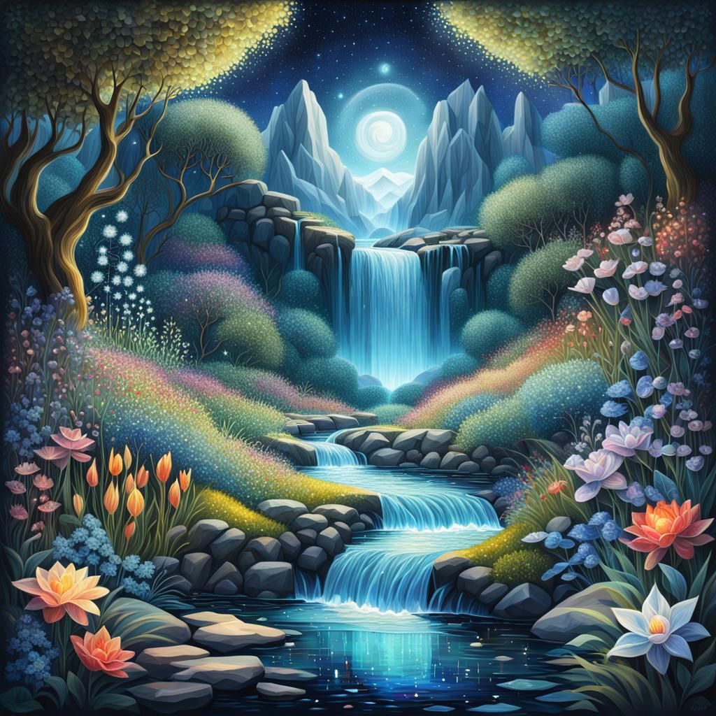 The Beauty of Waterfall Landscape in Moonlight AI Generated