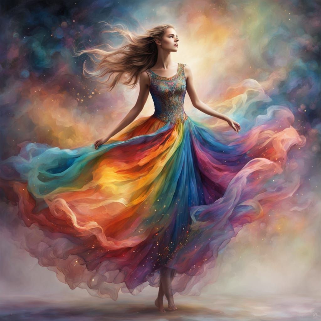 A woman, twenties,  with a light complexion and striking features, floats in mid-air.  Her elaborate, ...  by @IkaDo