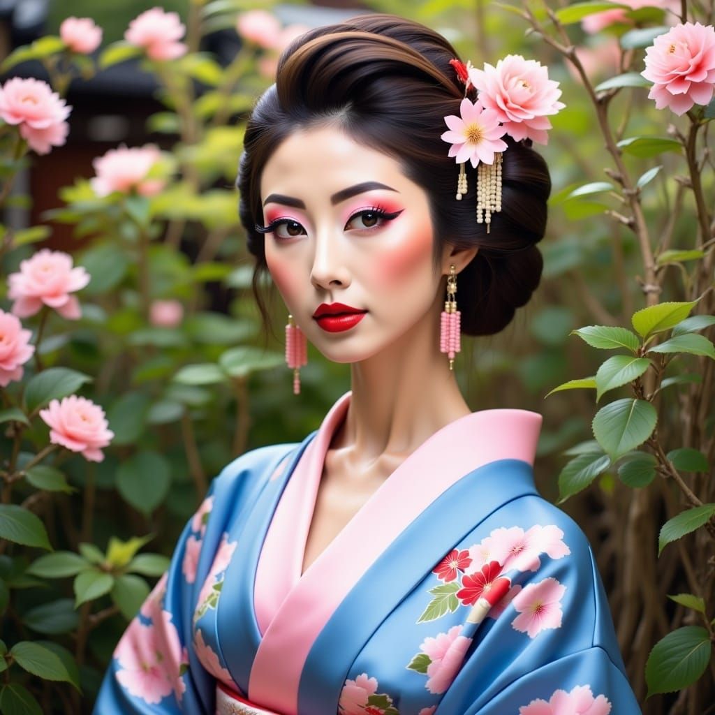 <lora:Geisha kimono Flux:1.0> " oil painting of pretty geisha dressed in traditional blue+soft pink clothing, kimonos., make up, red lips, i...