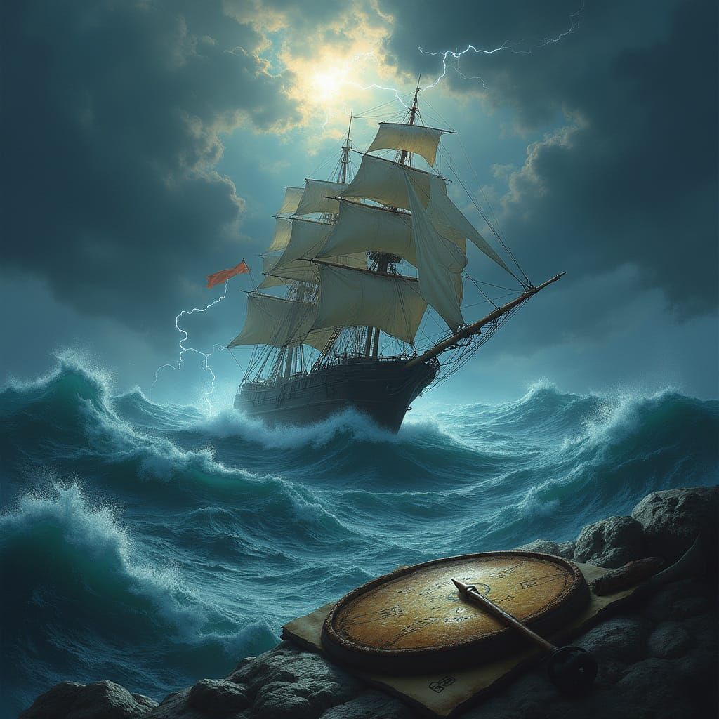 Old sailing ship struggling in a storm