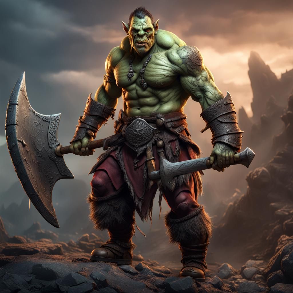 warrior battle ready orc holding great axe with deep scars large ...