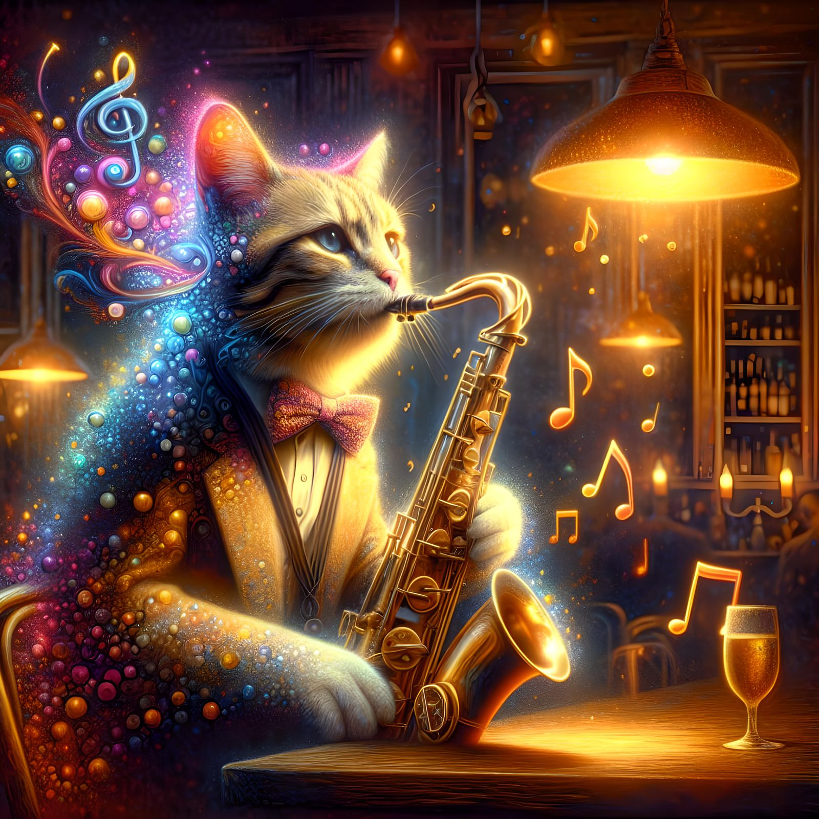 A cat playing a saxophone in a bar, jazz notes floating around. High resolution.   by @Irene