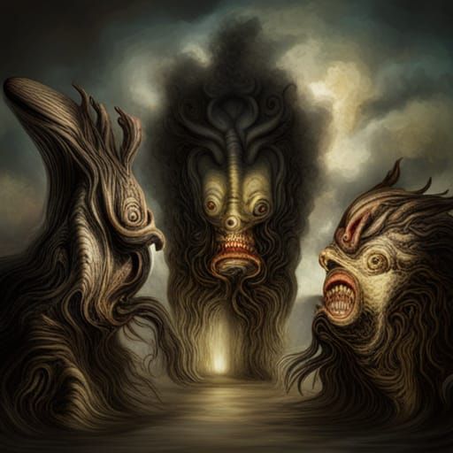 surreal shadowy creatures with shiny open mouth in a vintage...
