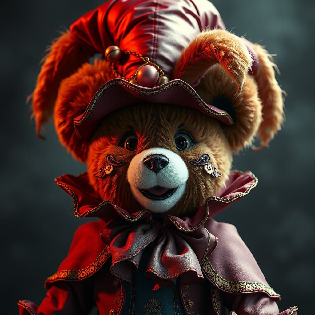 Whimsical Teddy Bear Jester in Mysterious Atmosphere