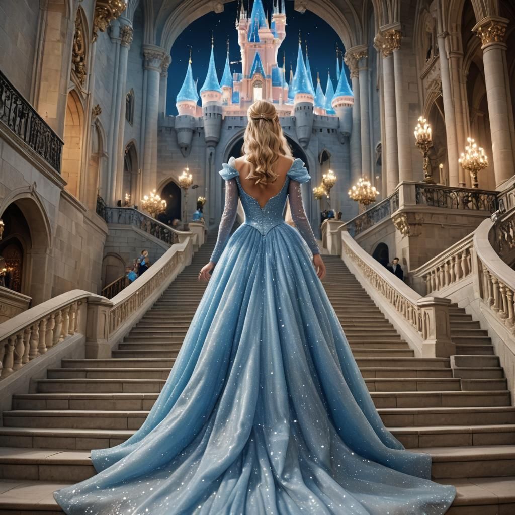 extremely beautiful Cinderella entering the enchanted castle, you can see  her from behind, she is looking at the biggest castle, she is walk... - AI  Generated Artwork - NightCafe Creator