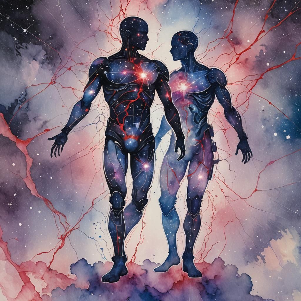 Surreal Android Silhouette in Starry Night Double Exposure