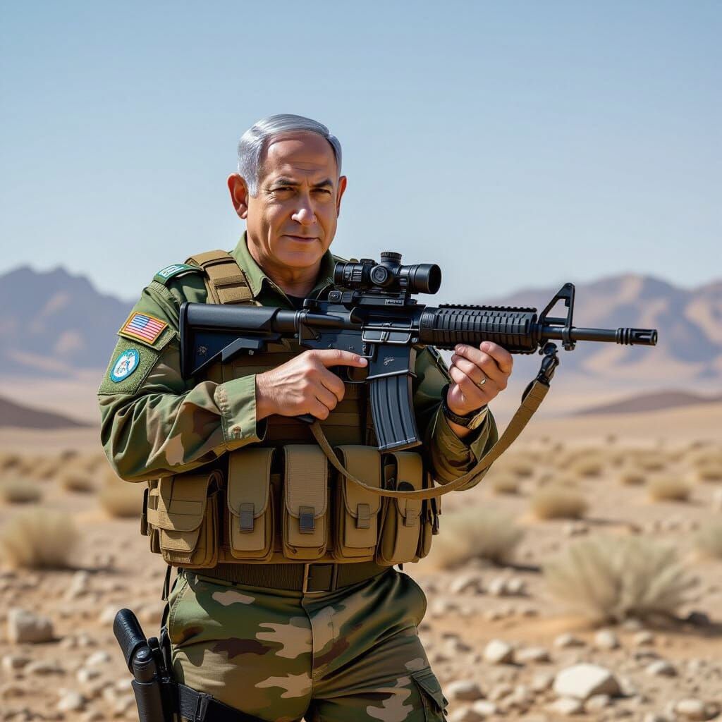 Soldier with Rifle in Arid Landscape: Realistic Style